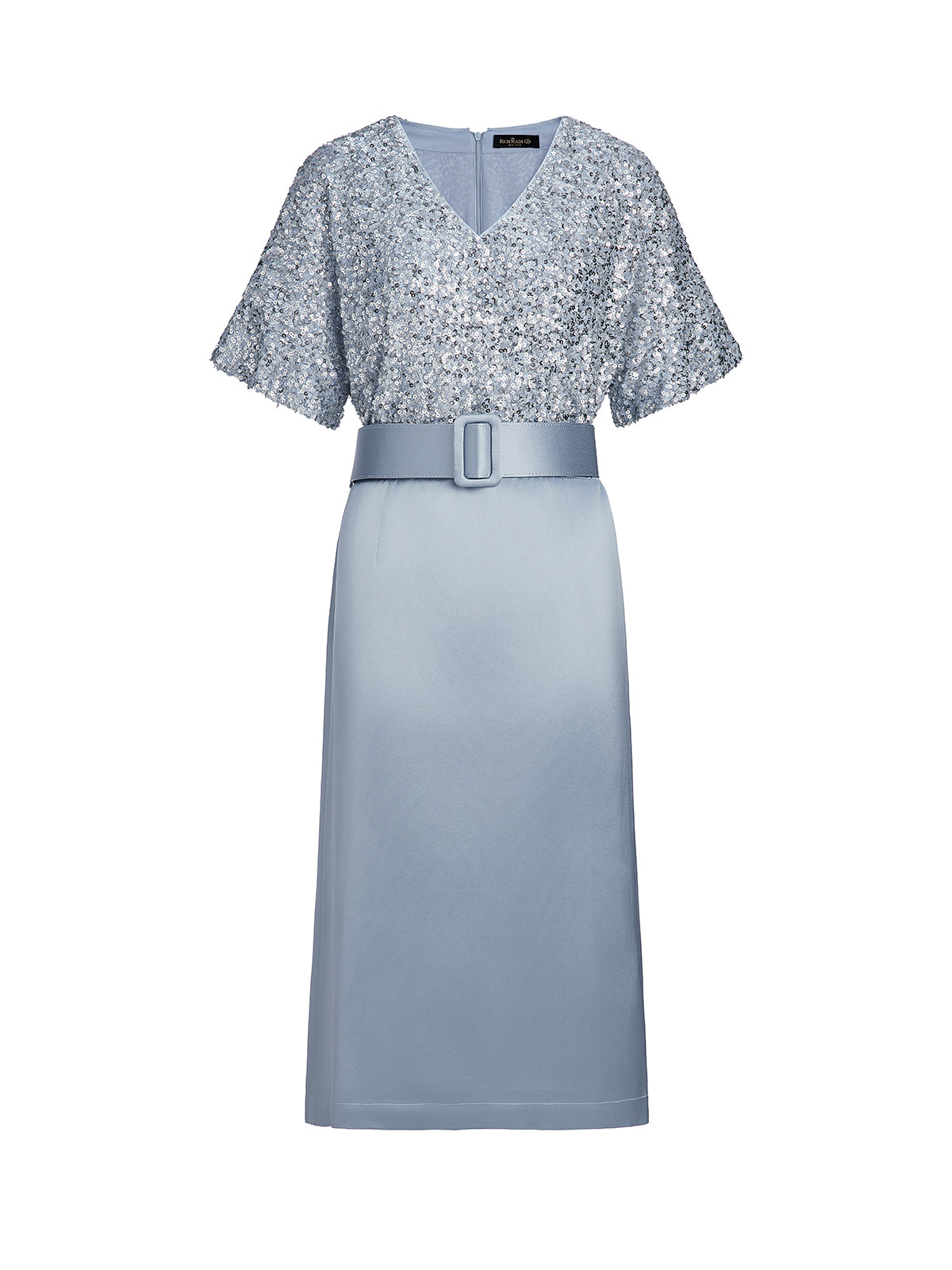 Sequin Panel Satin V Neck Dress (Belt Included)