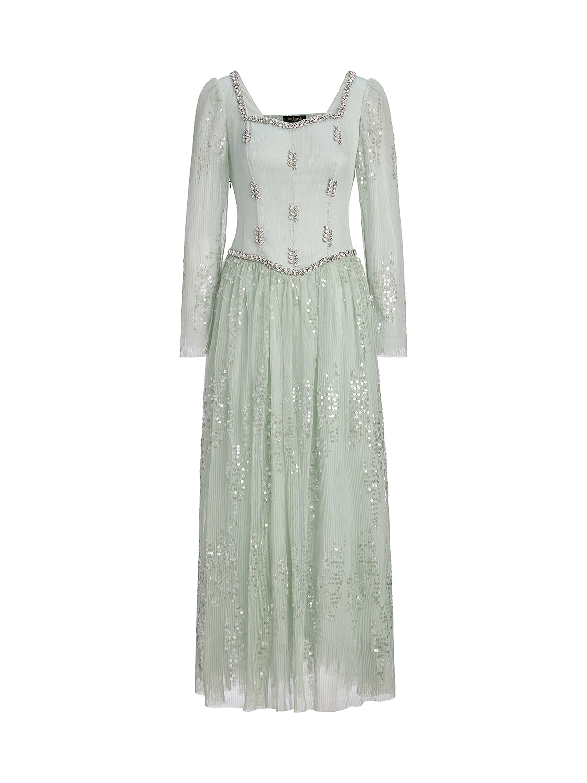 Hand-Beading Sequin Mesh Square-Neck Dress