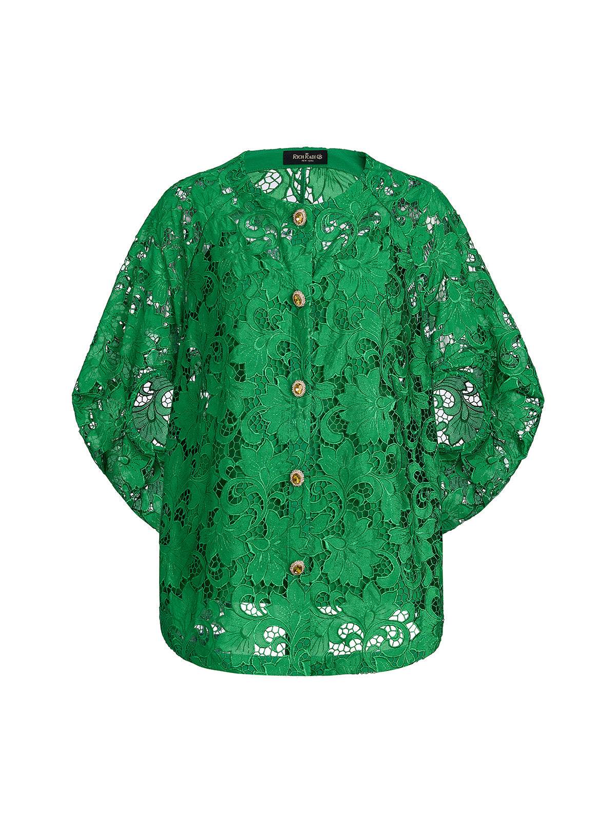 Lace Appliqué Jewel-like Buttons Emerald Top