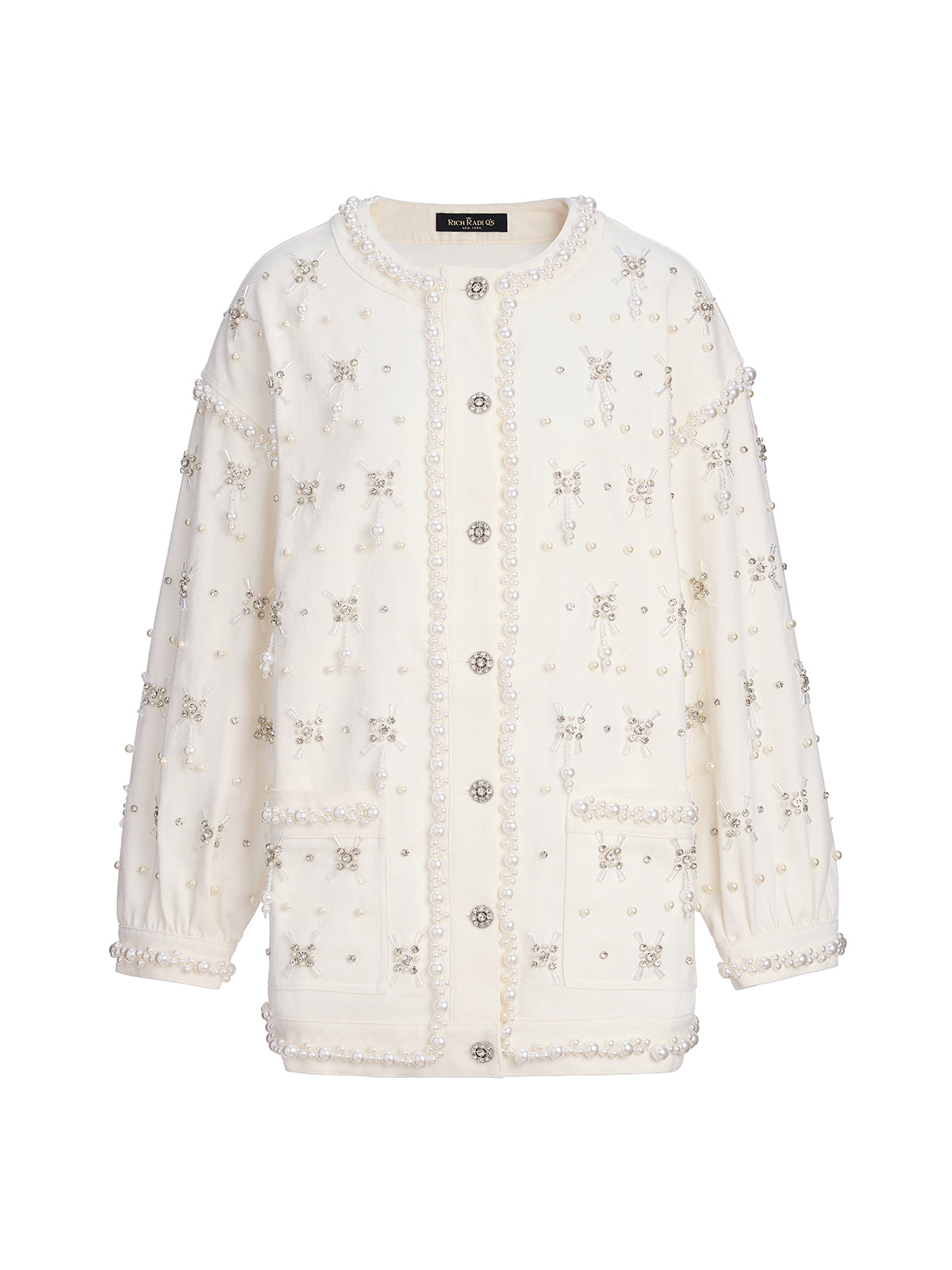 Hand-Beaded Pearl Ribbon Denim Jacket