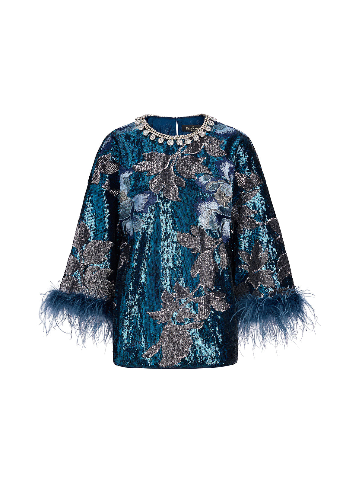Sequin Embroidered Feather-Trim Top