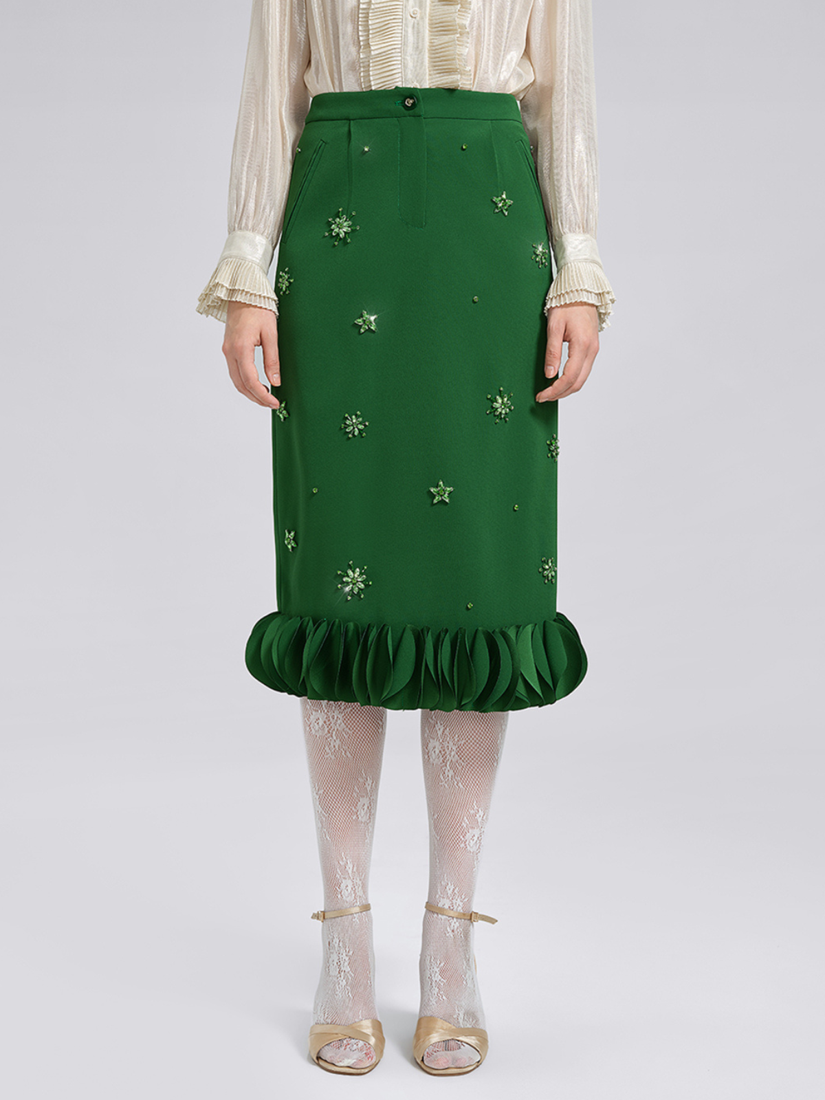 Final Sale | Hand-Beaded Layered Floral Trim Skirt
