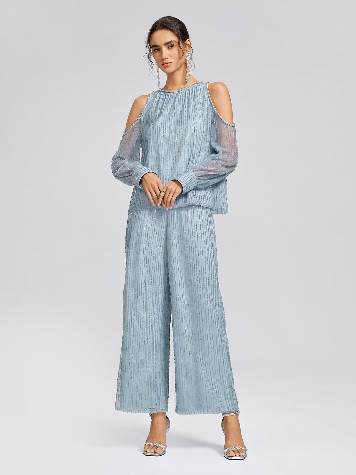 Beaded Mesh High-Waisted Pants