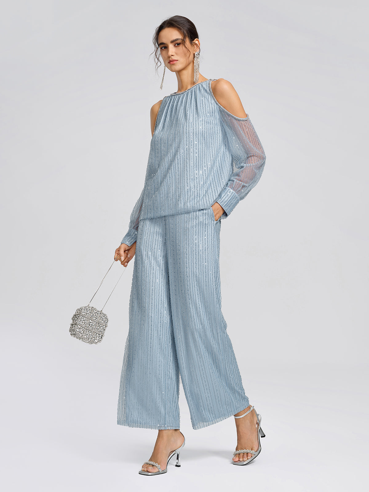 Beaded Mesh High-Waisted Pants