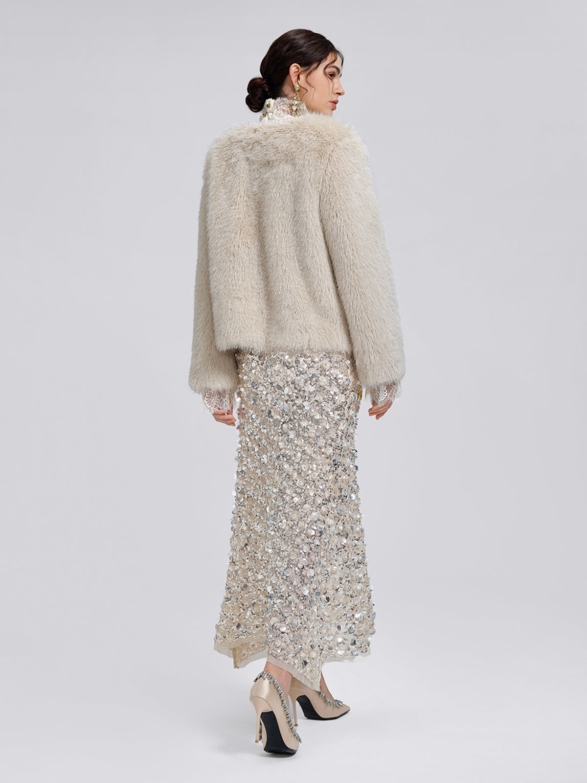 Silver-Tipped Eco Fur Pearl-Beaded Jacket