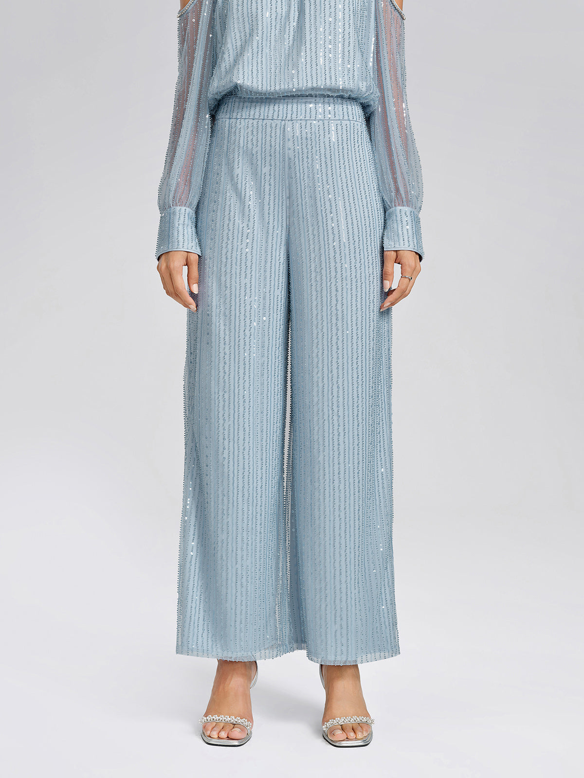 Beaded Mesh High-Waisted Pants