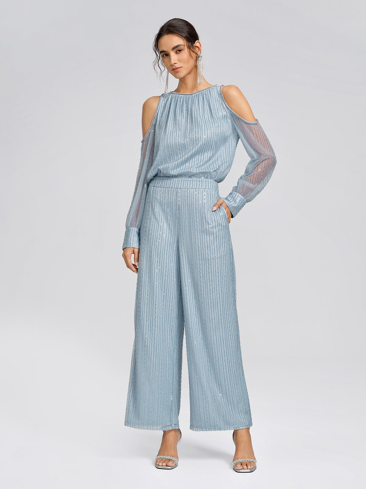 Beaded Mesh High-Waisted Pants
