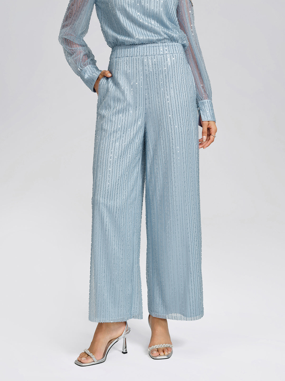 Beaded Mesh High-Waisted Pants