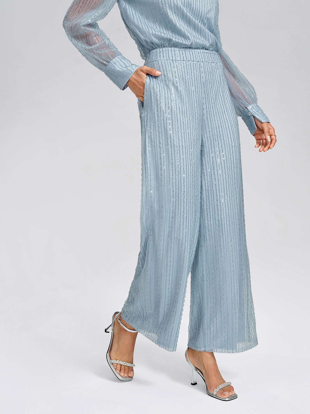 Beaded Mesh High-Waisted Pants