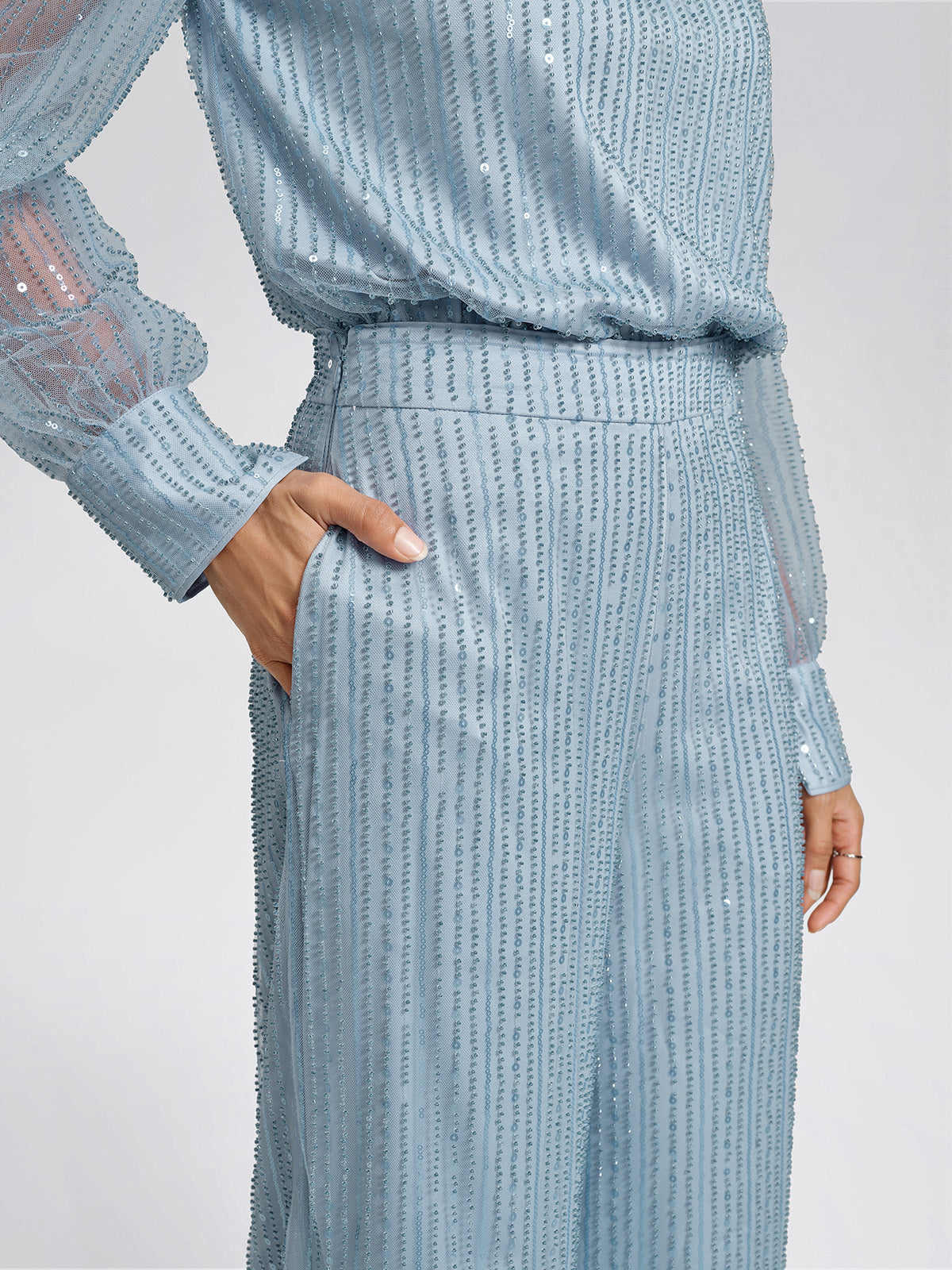 Beaded Mesh High-Waisted Pants