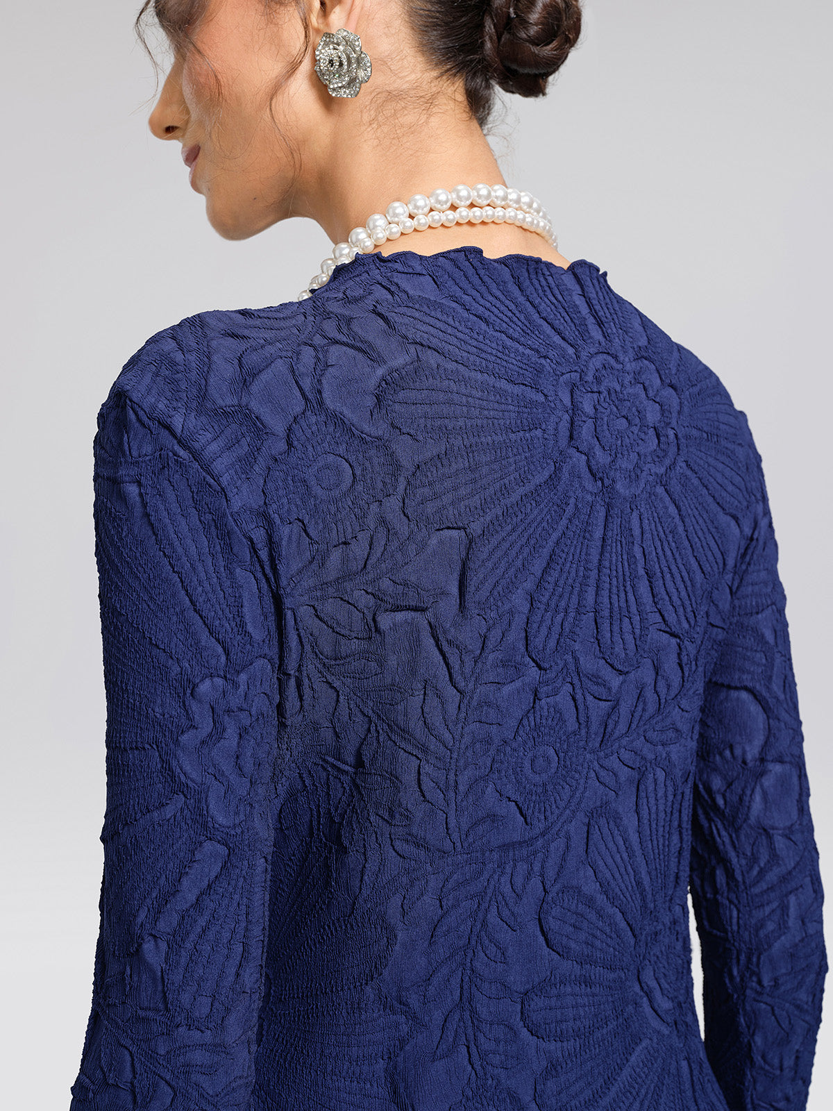 Pleated Floral Embossed Rhinestone Blouse