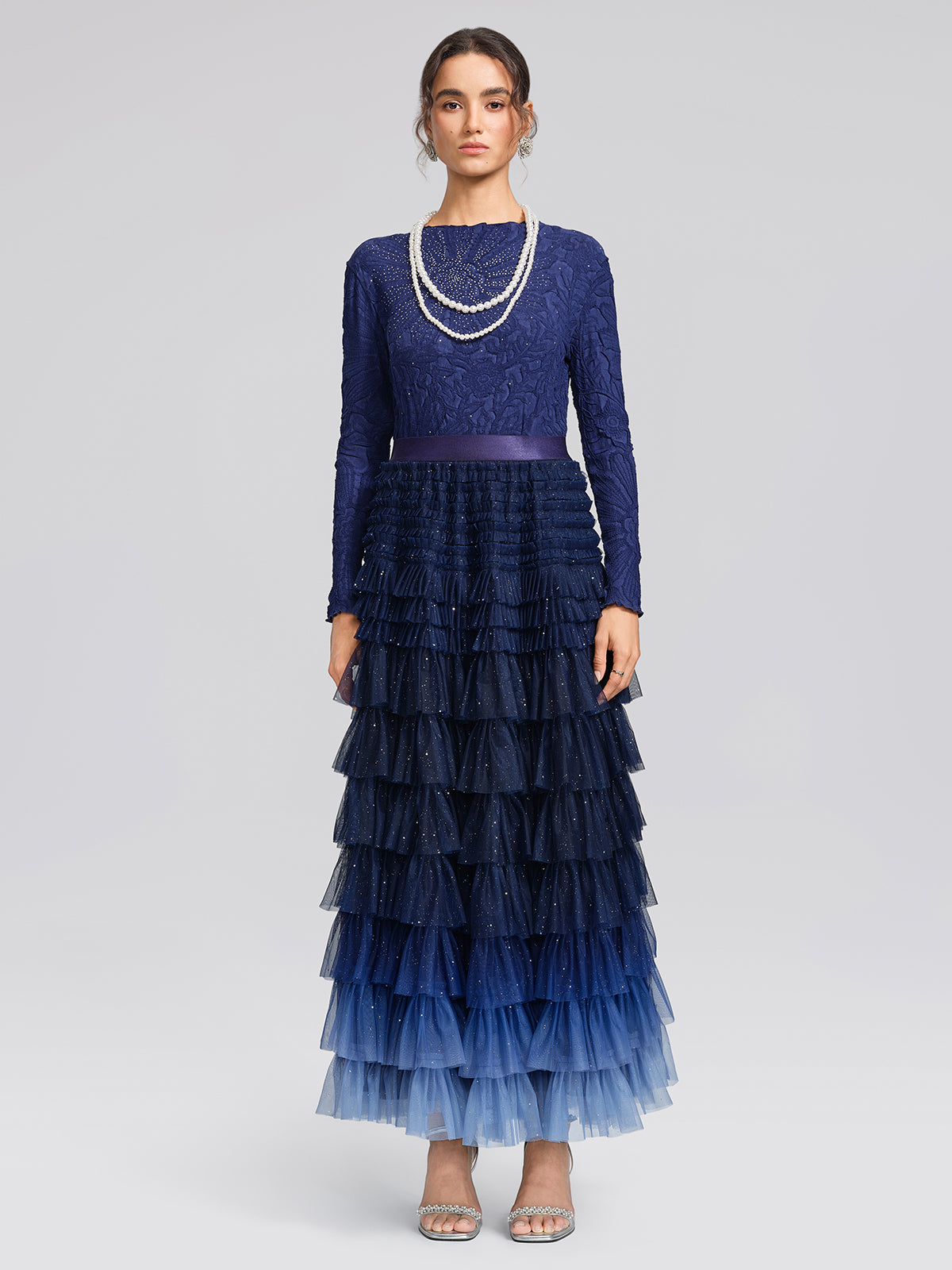 Sequin Mesh Pleated Gradient Skirt
