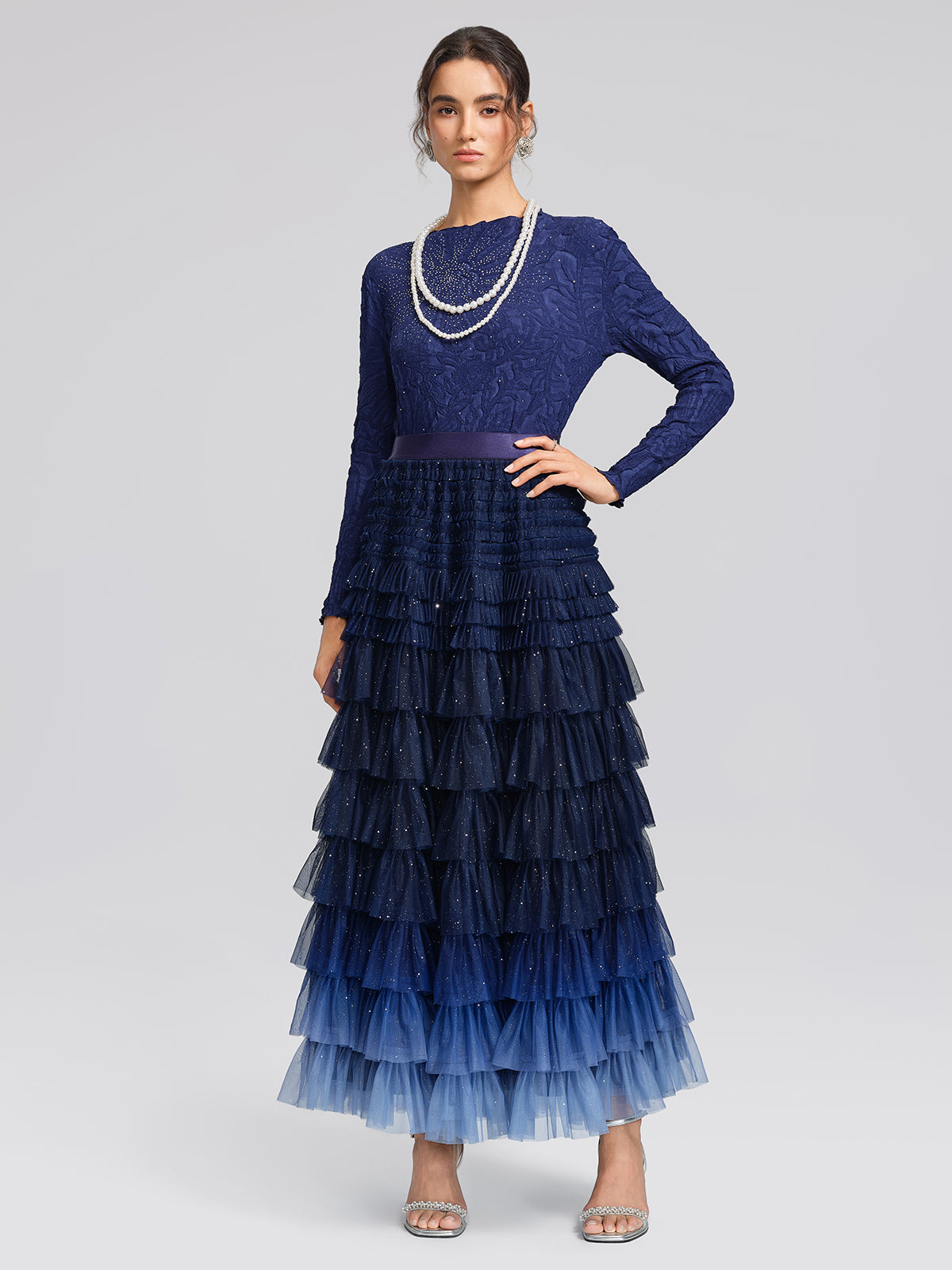 Sequin Mesh Pleated Gradient Skirt