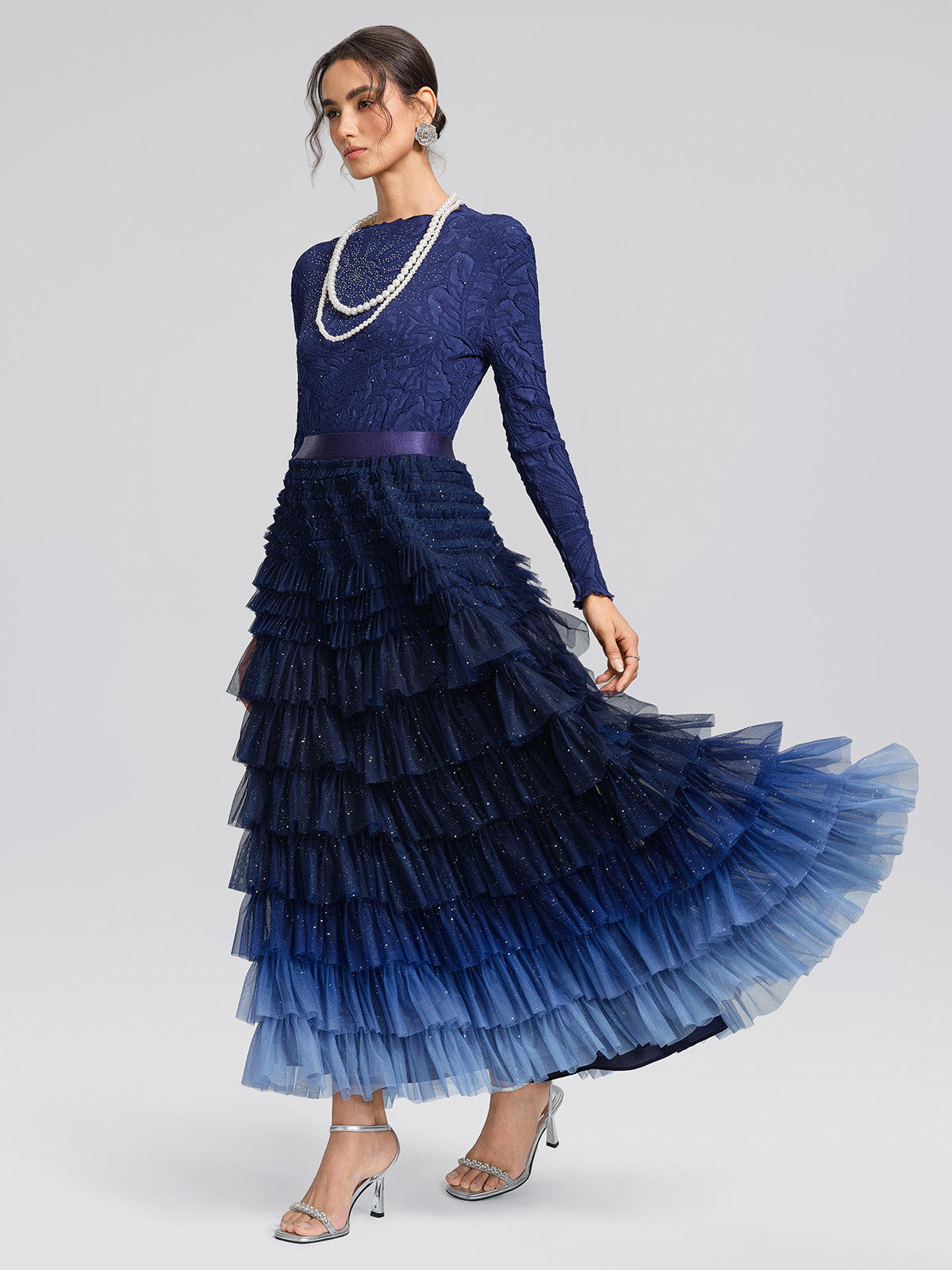 Sequin Mesh Pleated Gradient Skirt