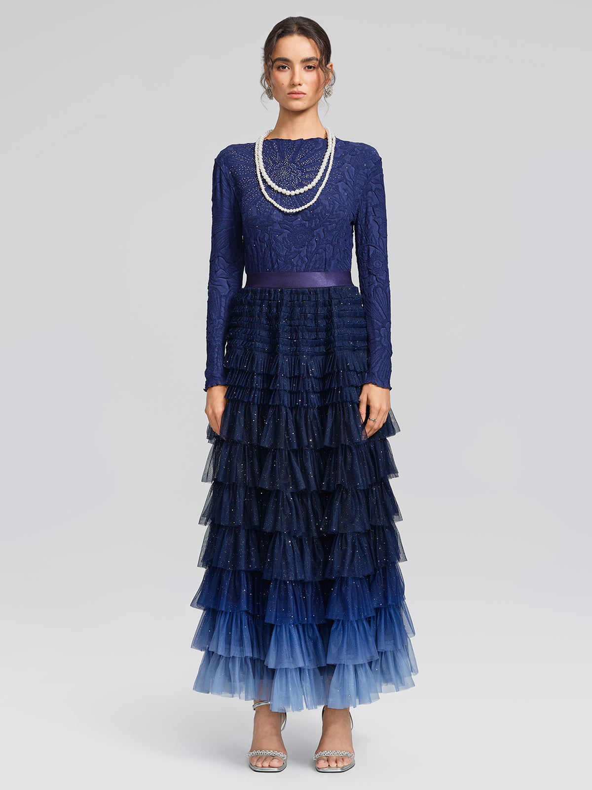 Sequin Mesh Pleated Gradient Skirt