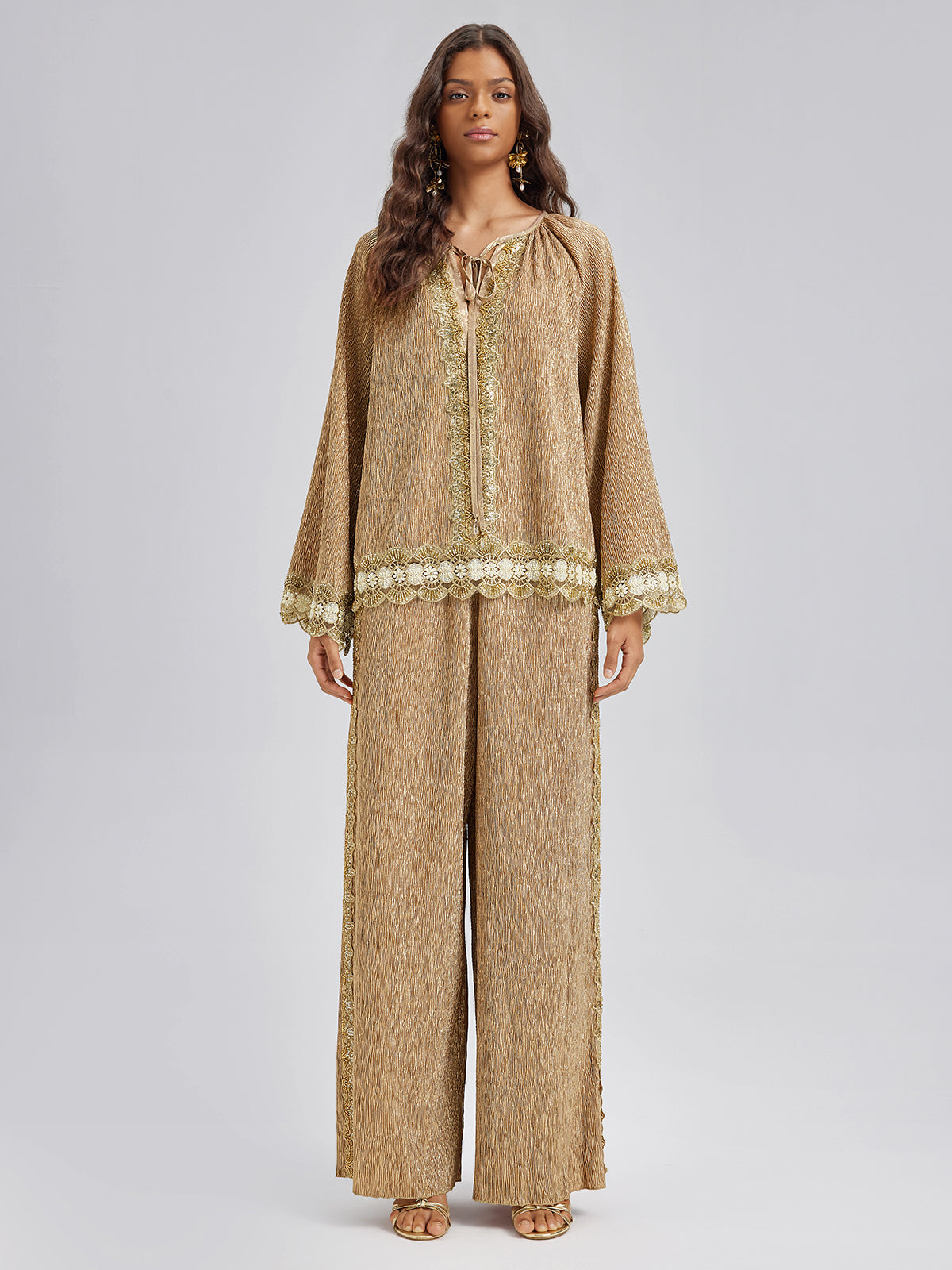Gold Metallic Pleated Beaded Set