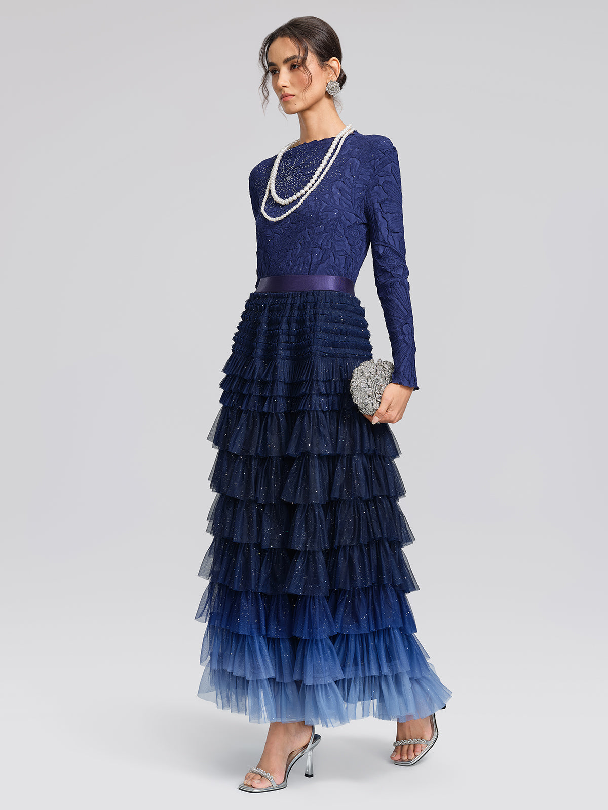 Sequin Mesh Pleated Gradient Skirt