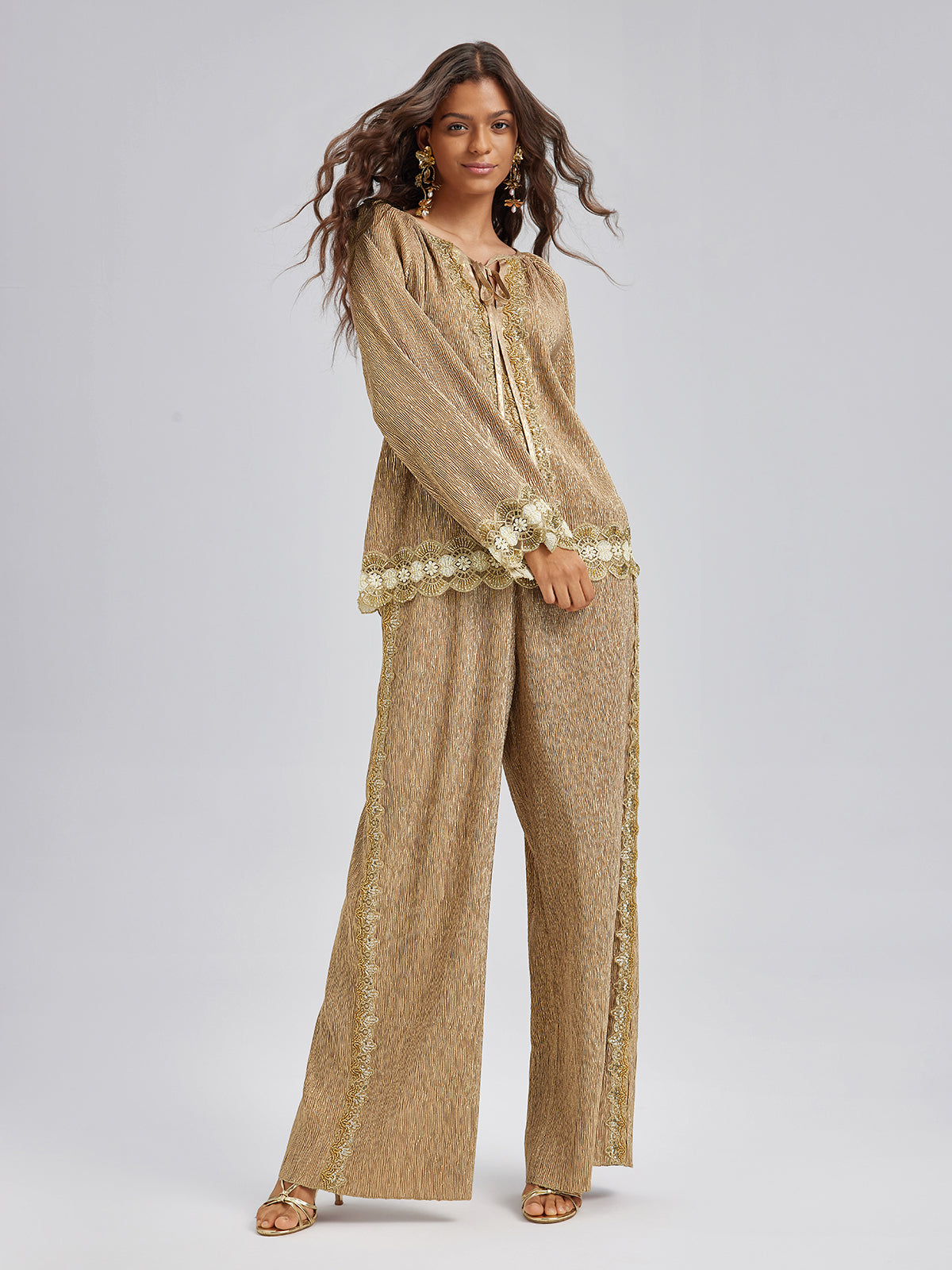 Gold Metallic Pleated Beaded Set
