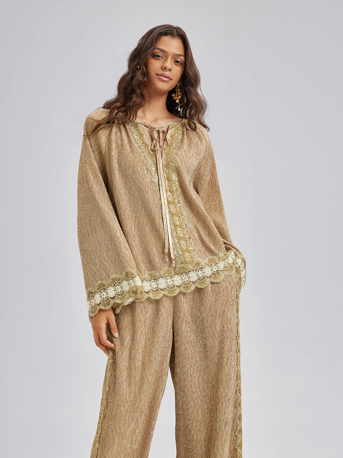 Gold Metallic Pleated Beaded Set
