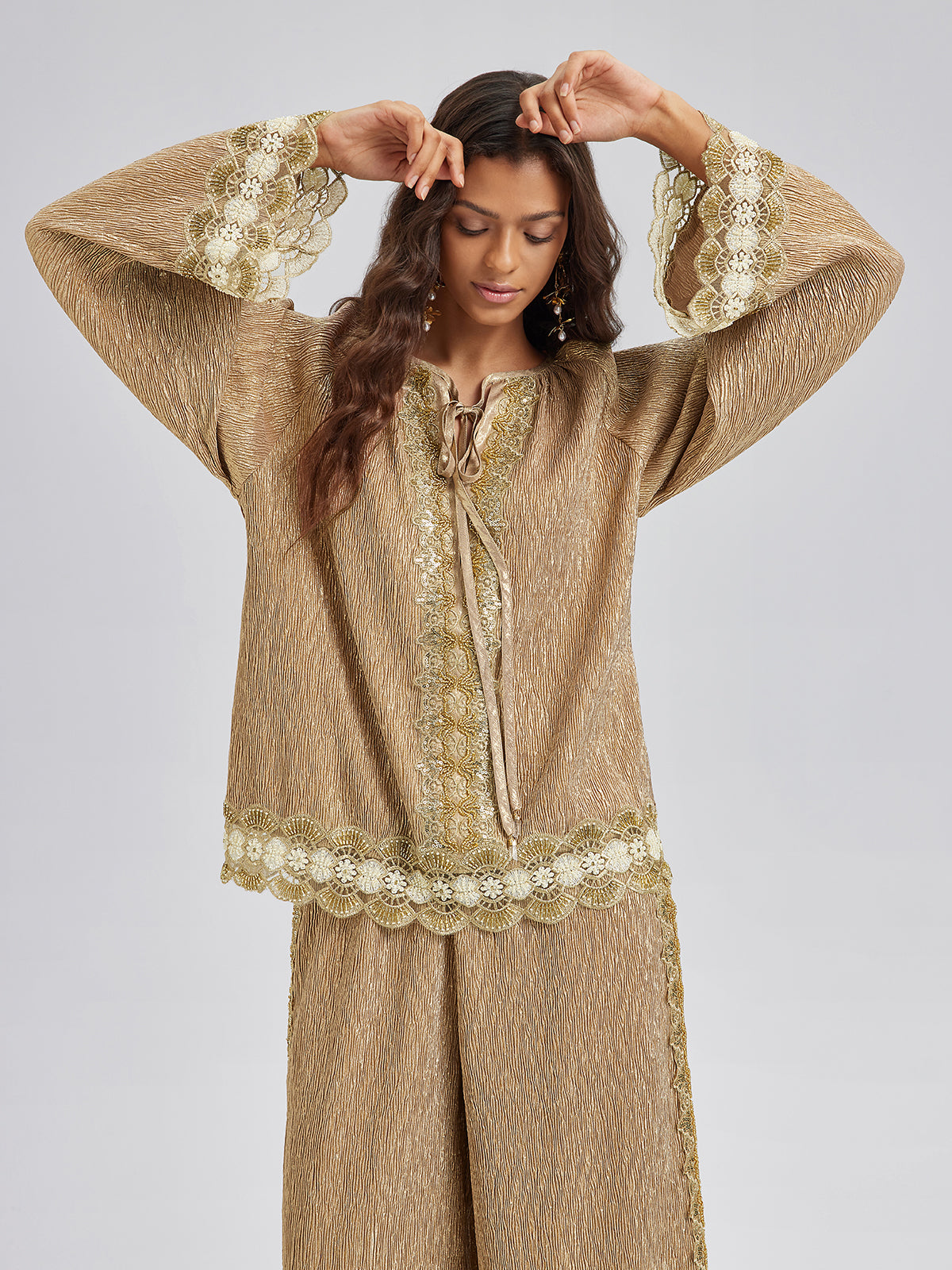 Gold Metallic Pleated Beaded Set