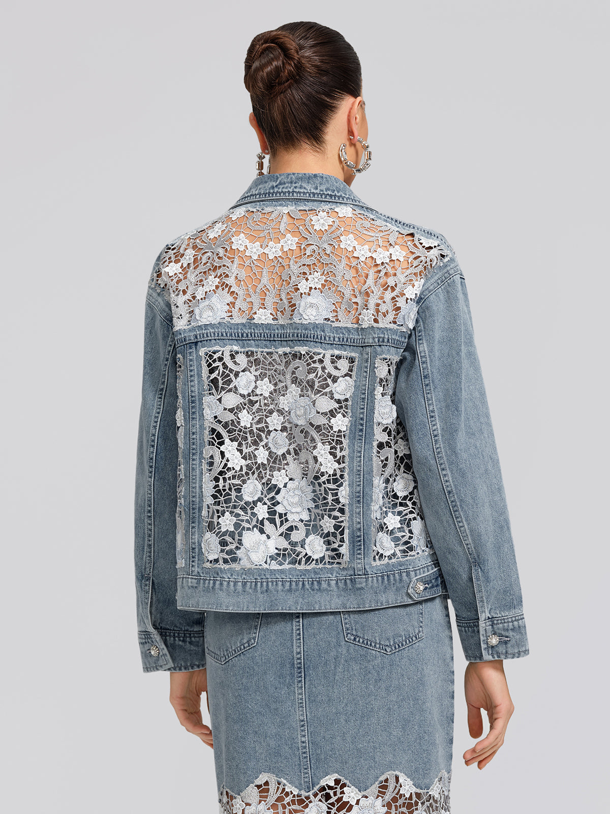 Rhinestone Lace-Panel Denim Jacket
