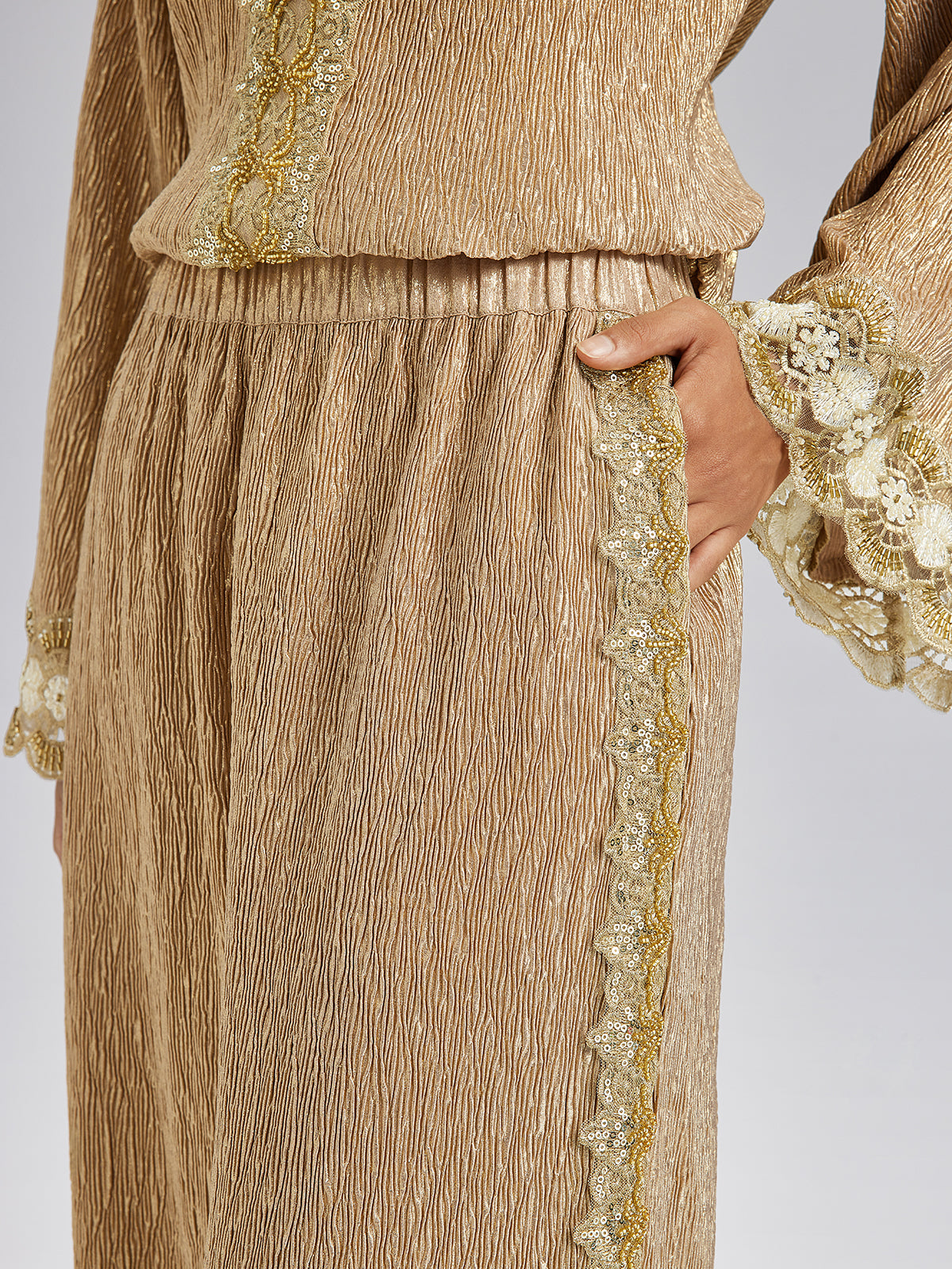 Gold Metallic Pleated Beaded Set