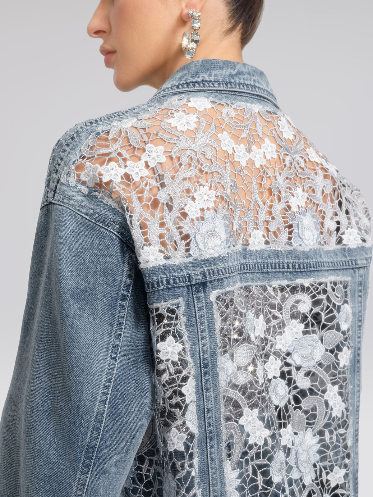 Rhinestone Lace-Panel Denim Jacket