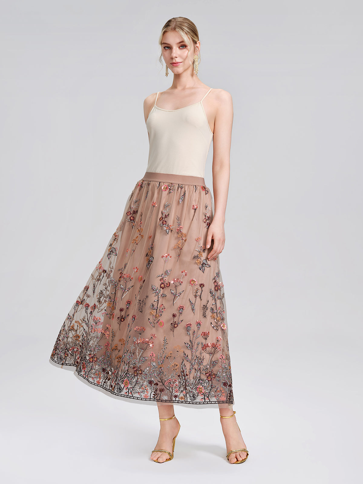 Mesh Embroidered Flare Skirt