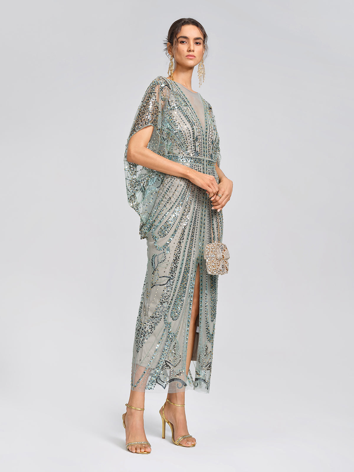 Beaded Sequin Mesh V-Neck Dress