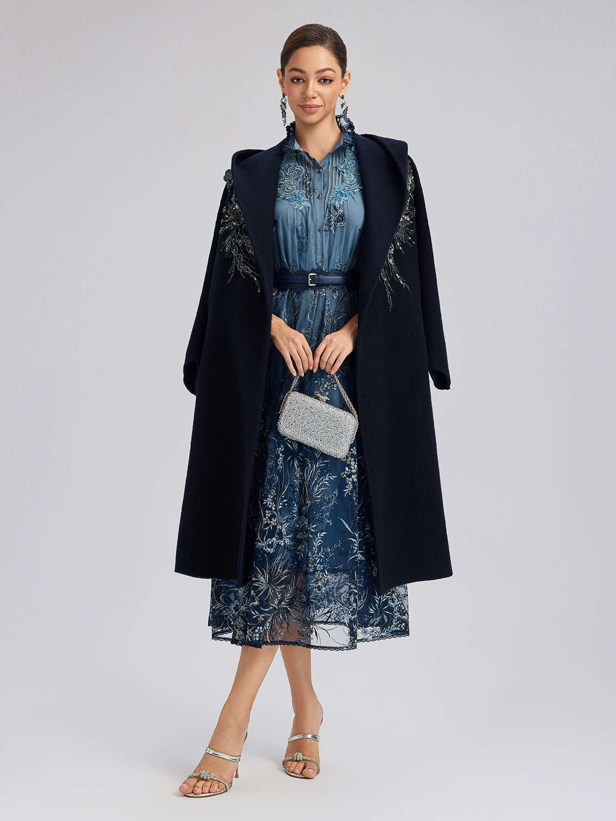 Vine Silver-Thread Embroidered Beaded Lace Dress (Belt Included)