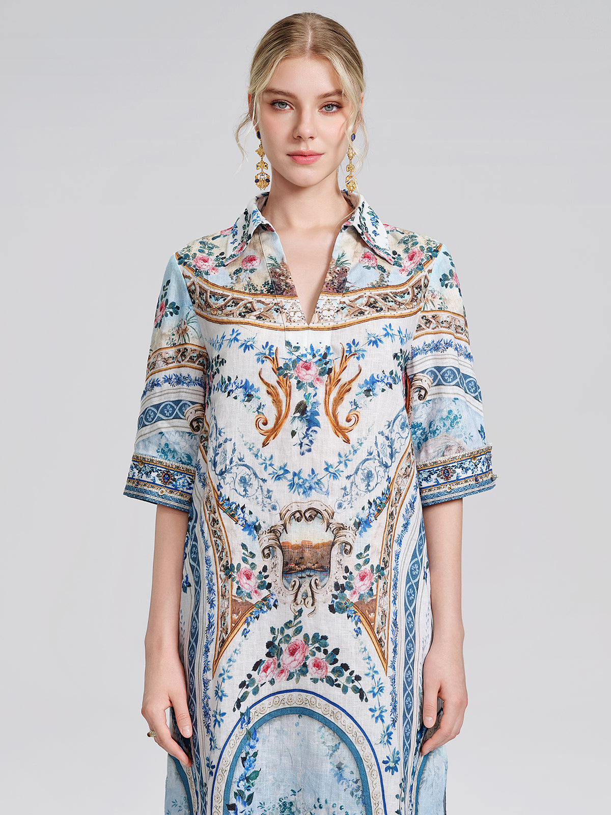 100% Linen Print Rhinestone Straight Dress