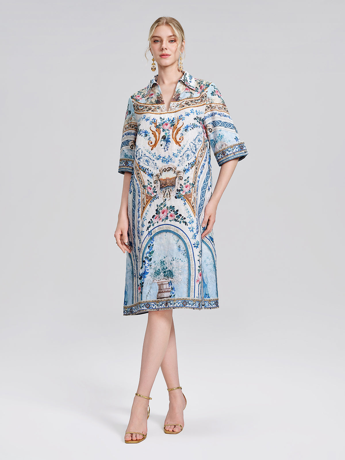 100% Linen Print Rhinestone Straight Dress