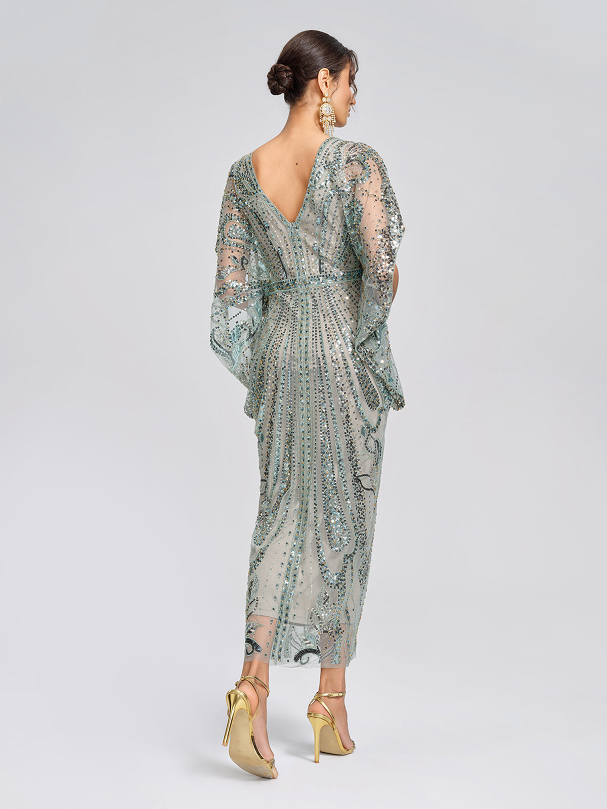 Beaded Sequin Mesh V-Neck Dress
