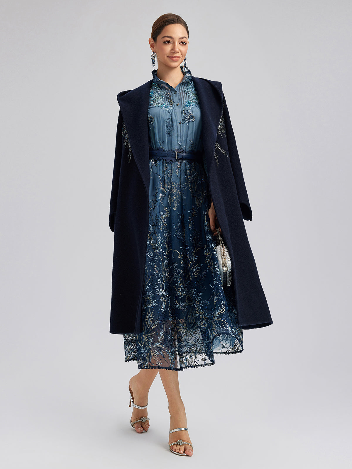 Vine Silver-Thread Embroidered Beaded Lace Dress (Belt Included)