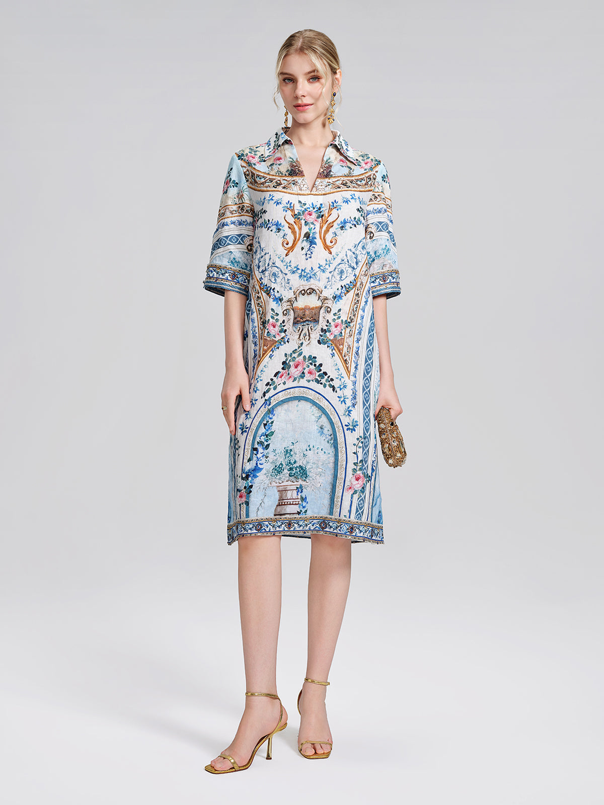 100% Linen Print Rhinestone Straight Dress
