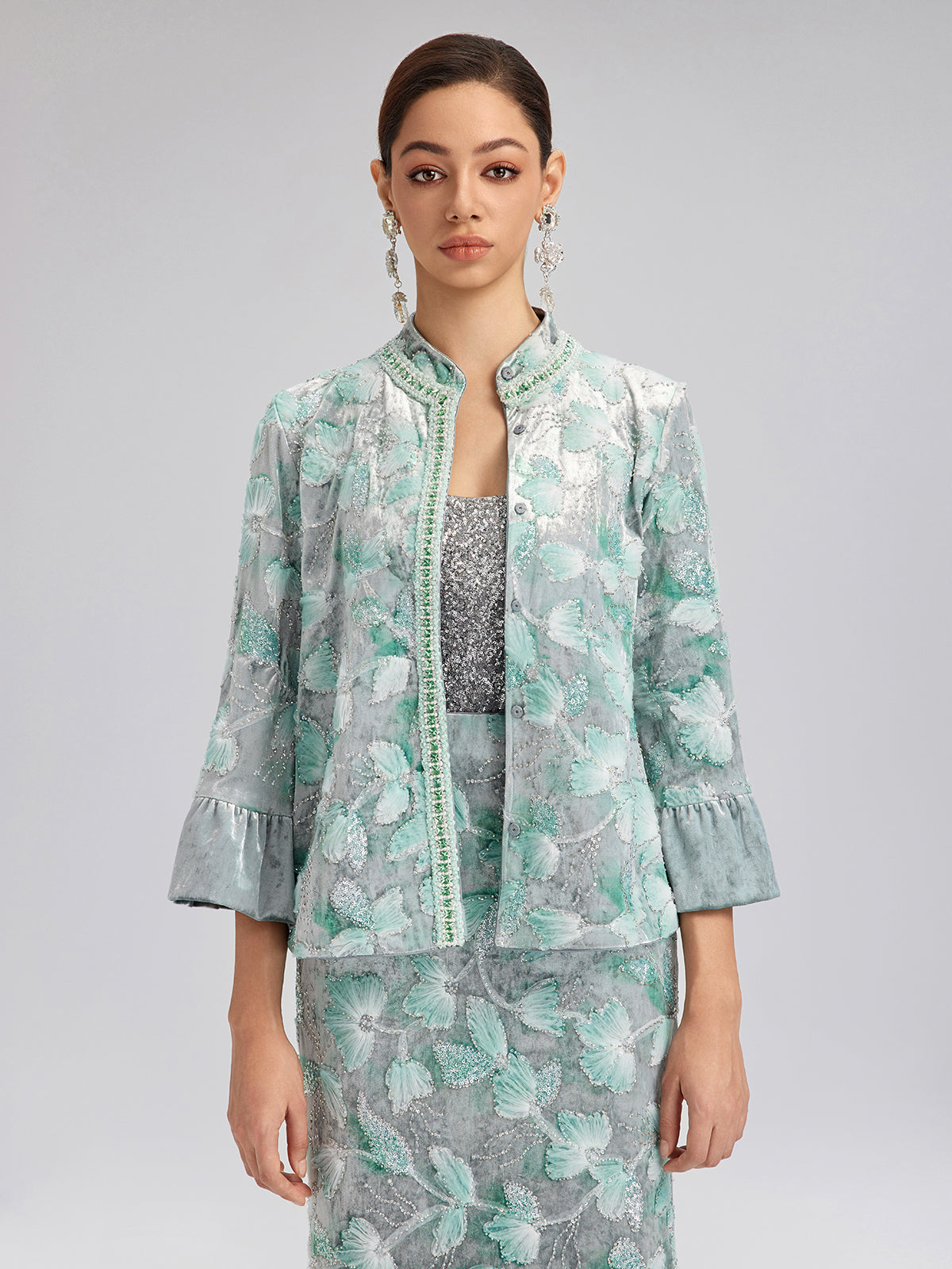 Final Sale | Beaded Floral Embroidered Velvet Stand Collar Jacket