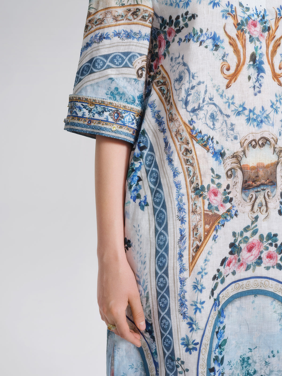 100% Linen Print Rhinestone Straight Dress