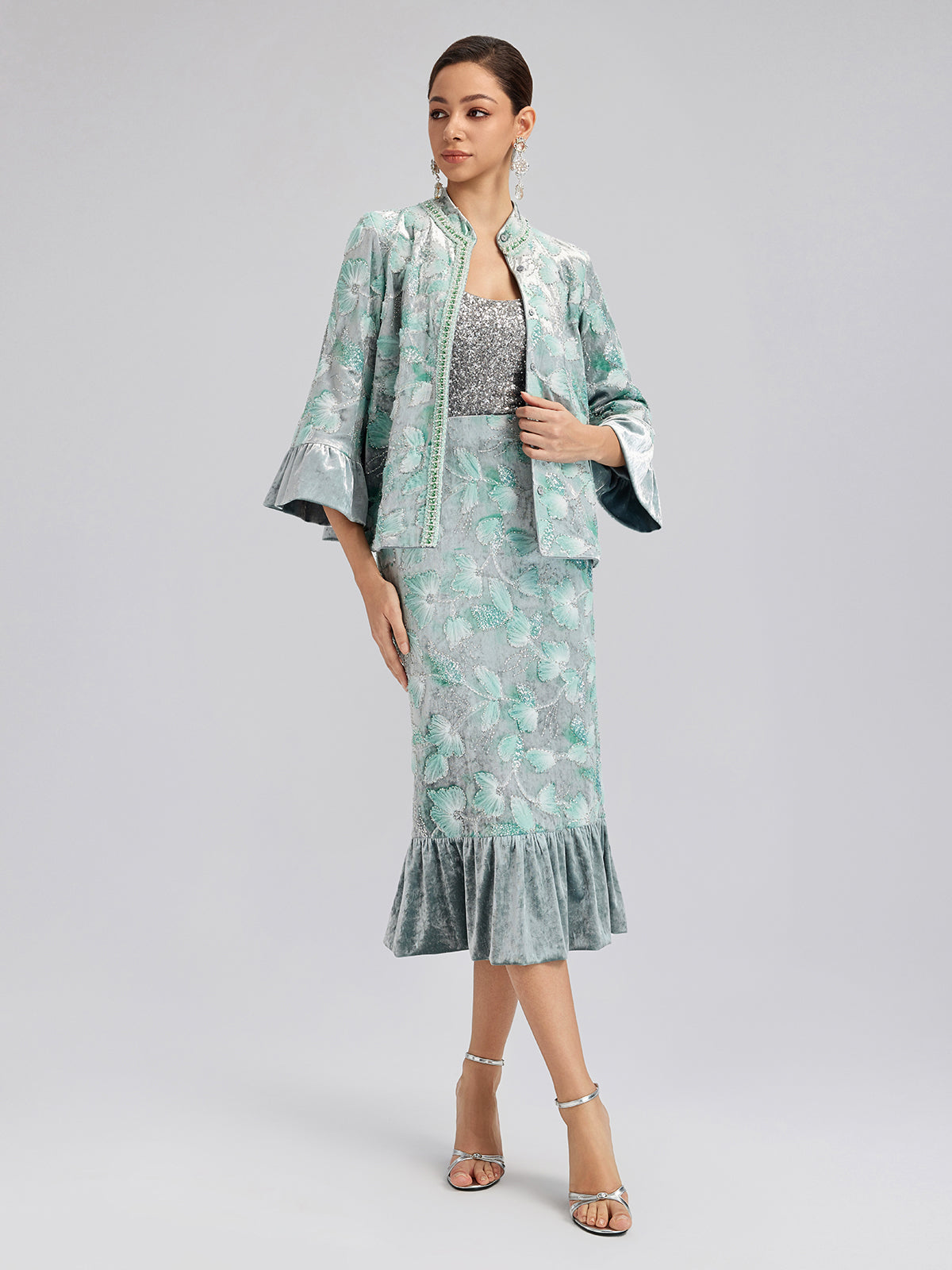 Final Sale | Beaded Floral Embroidered Velvet Stand Collar Jacket