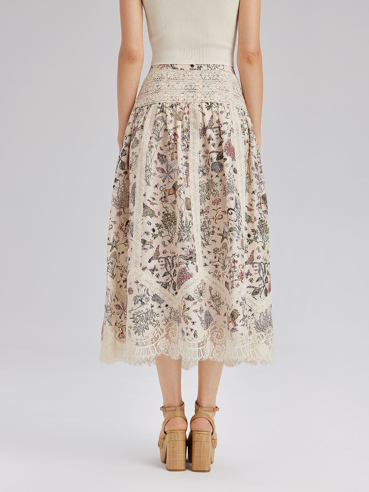 Silk-Linen Botanical Print Lace Skirt