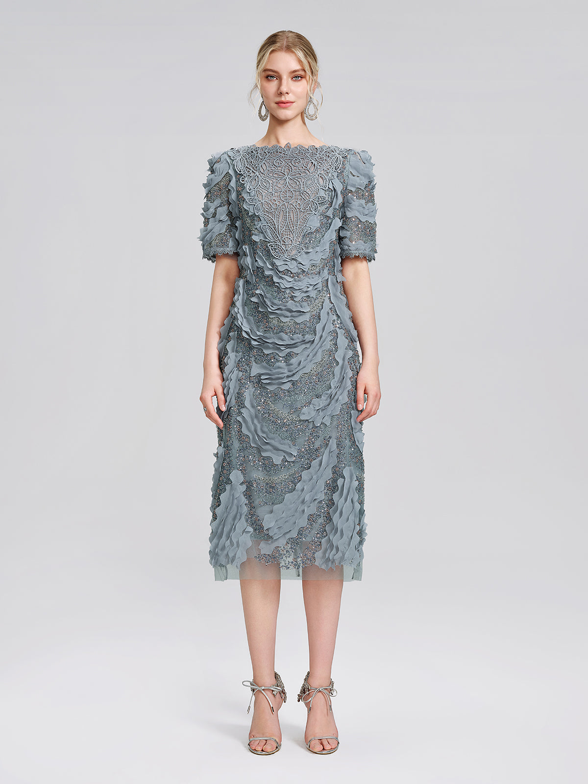Lace Beaded Ruffle Straight Dress