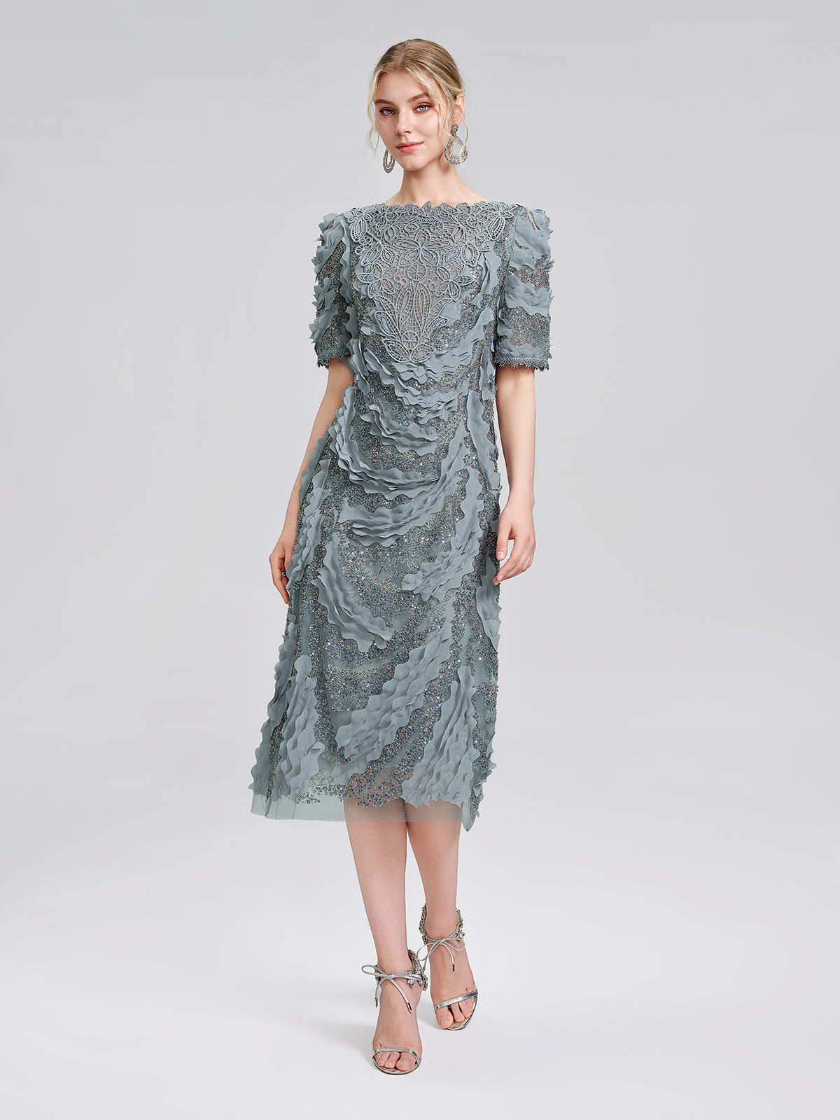 Lace Beaded Ruffle Straight Dress