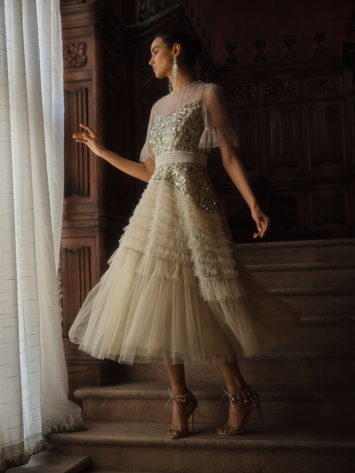 Pleated Sequin Flared-Sleeve Maxi Dress