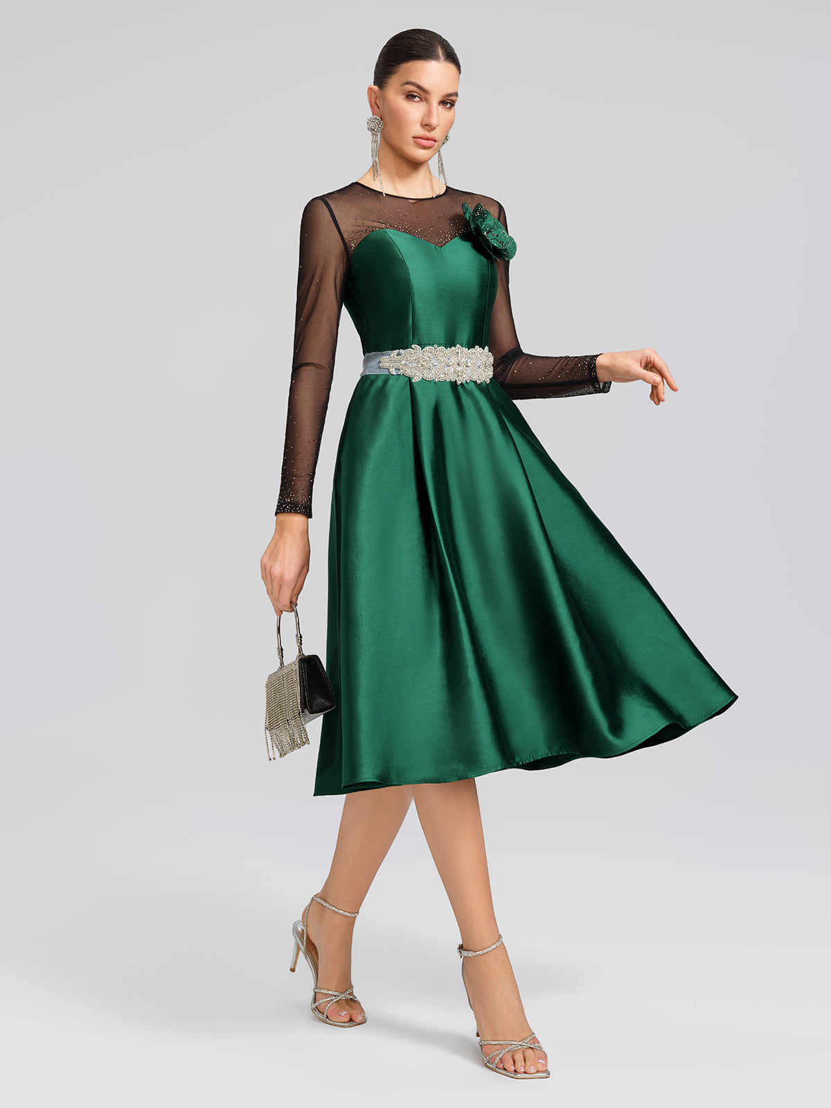Satin Mesh-Panel Rhinestone Pocket Dress (Detachable Floral Brooch Included), PEACOCK GREEN / S