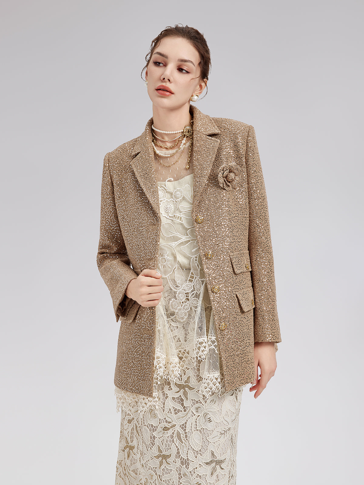 Final Sale | Gold Sequined Camellia Brooch Jacket