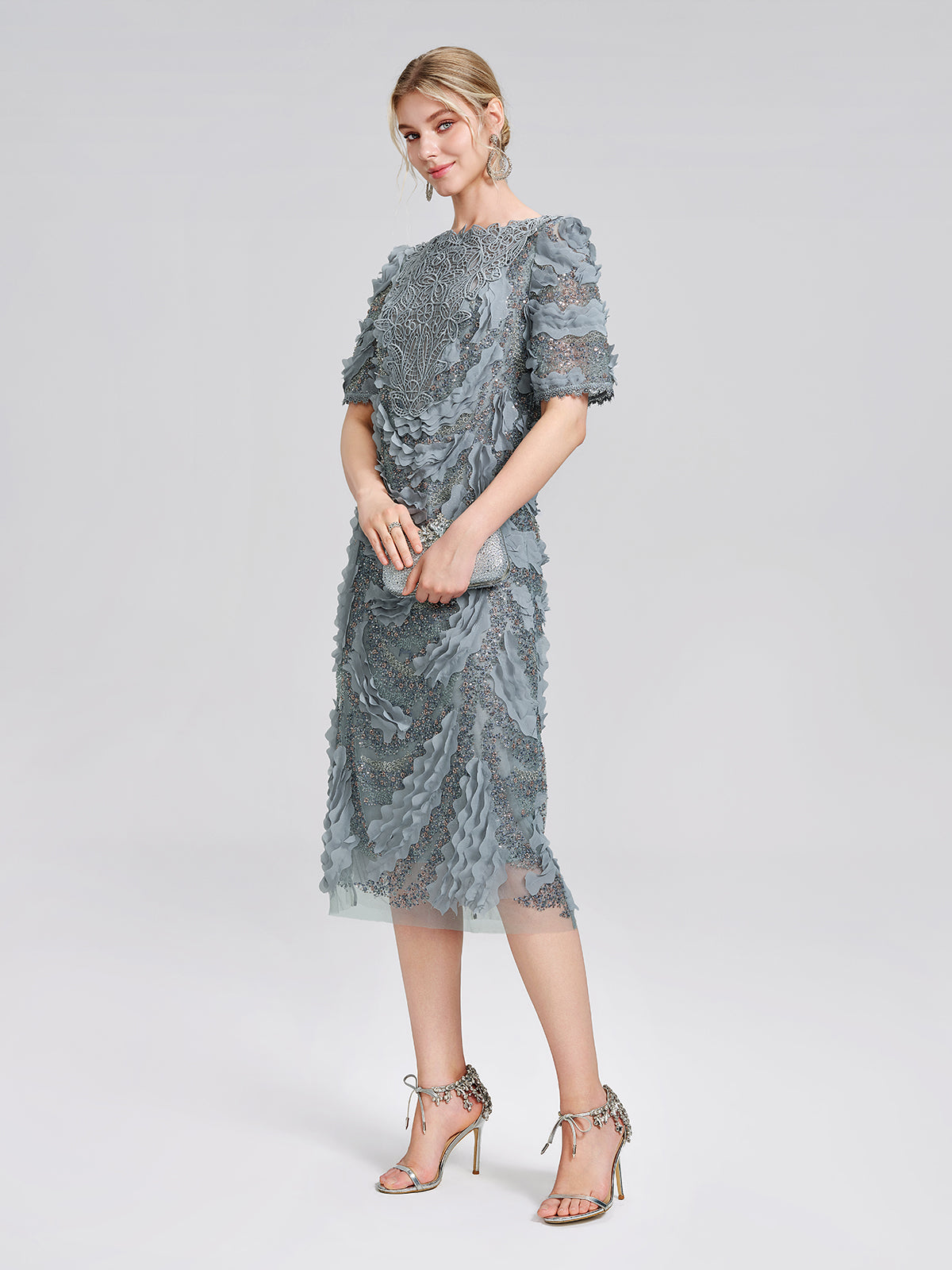 Lace Beaded Ruffle Straight Dress