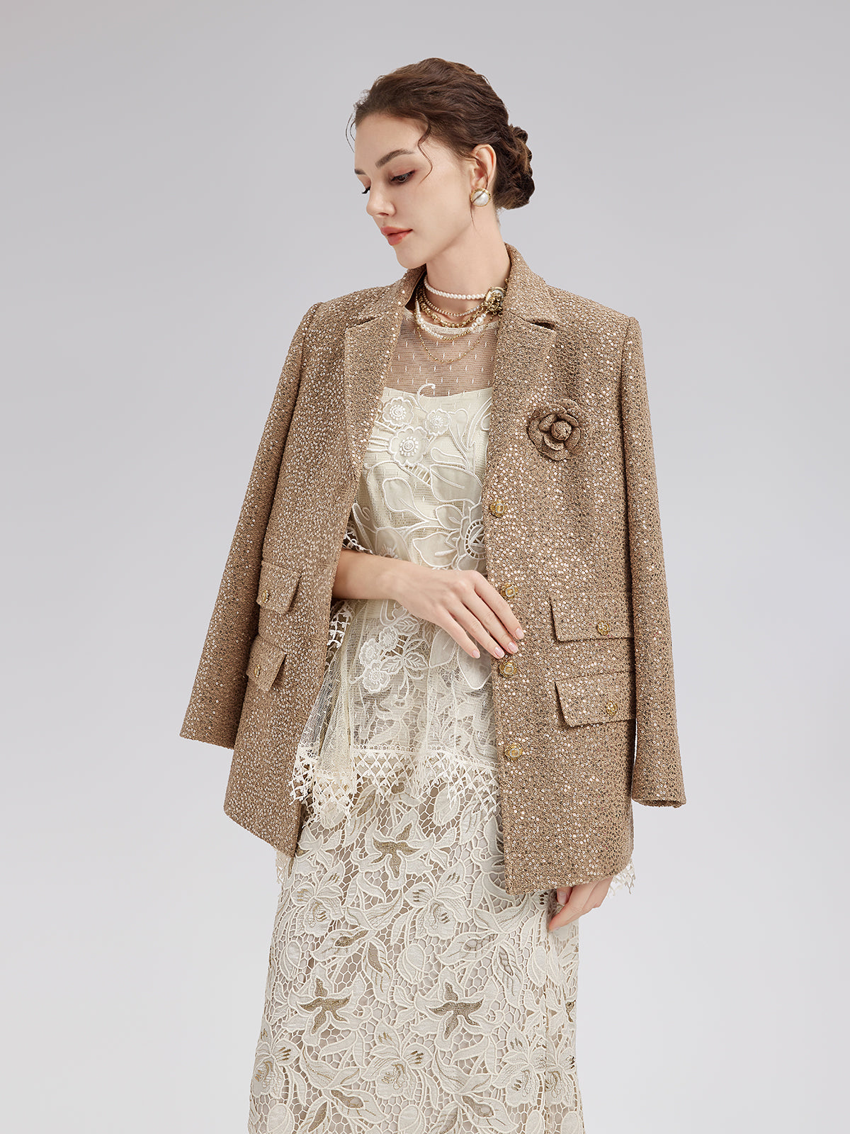 Final Sale | Gold Sequined Camellia Brooch Jacket