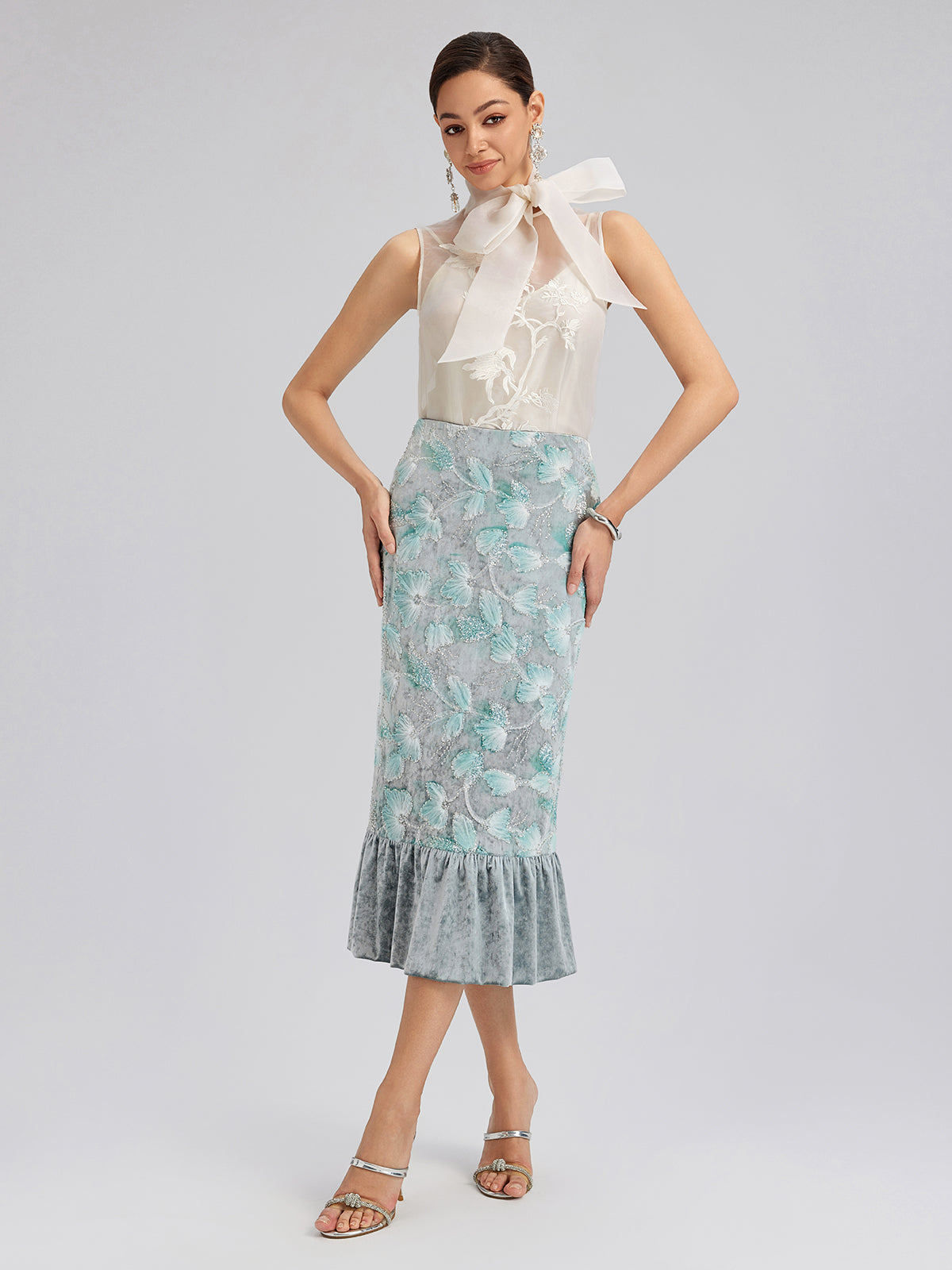 Final Sale | Beaded Floral Embroidered Velvet Tulip Skirt