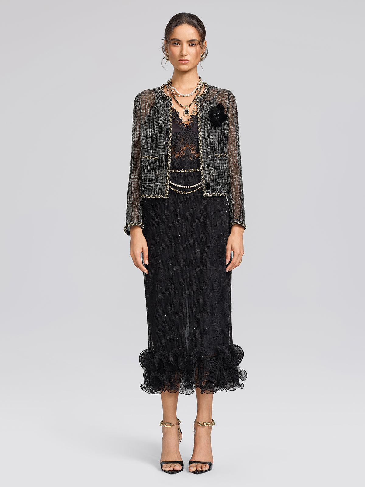 Metallic Plaid Tweed Trim Jacket