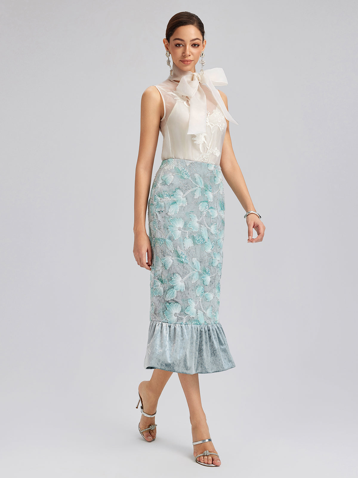 Final Sale | Beaded Floral Embroidered Velvet Tulip Skirt