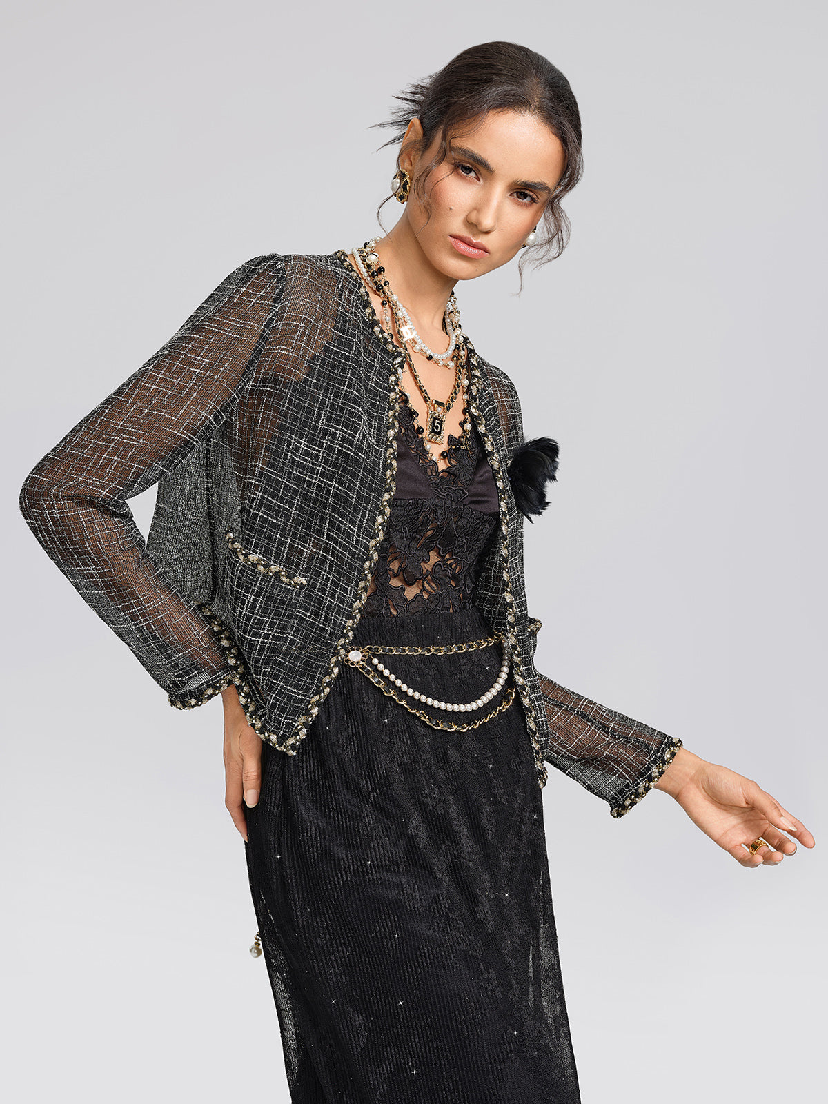 Metallic Plaid Tweed Trim Jacket